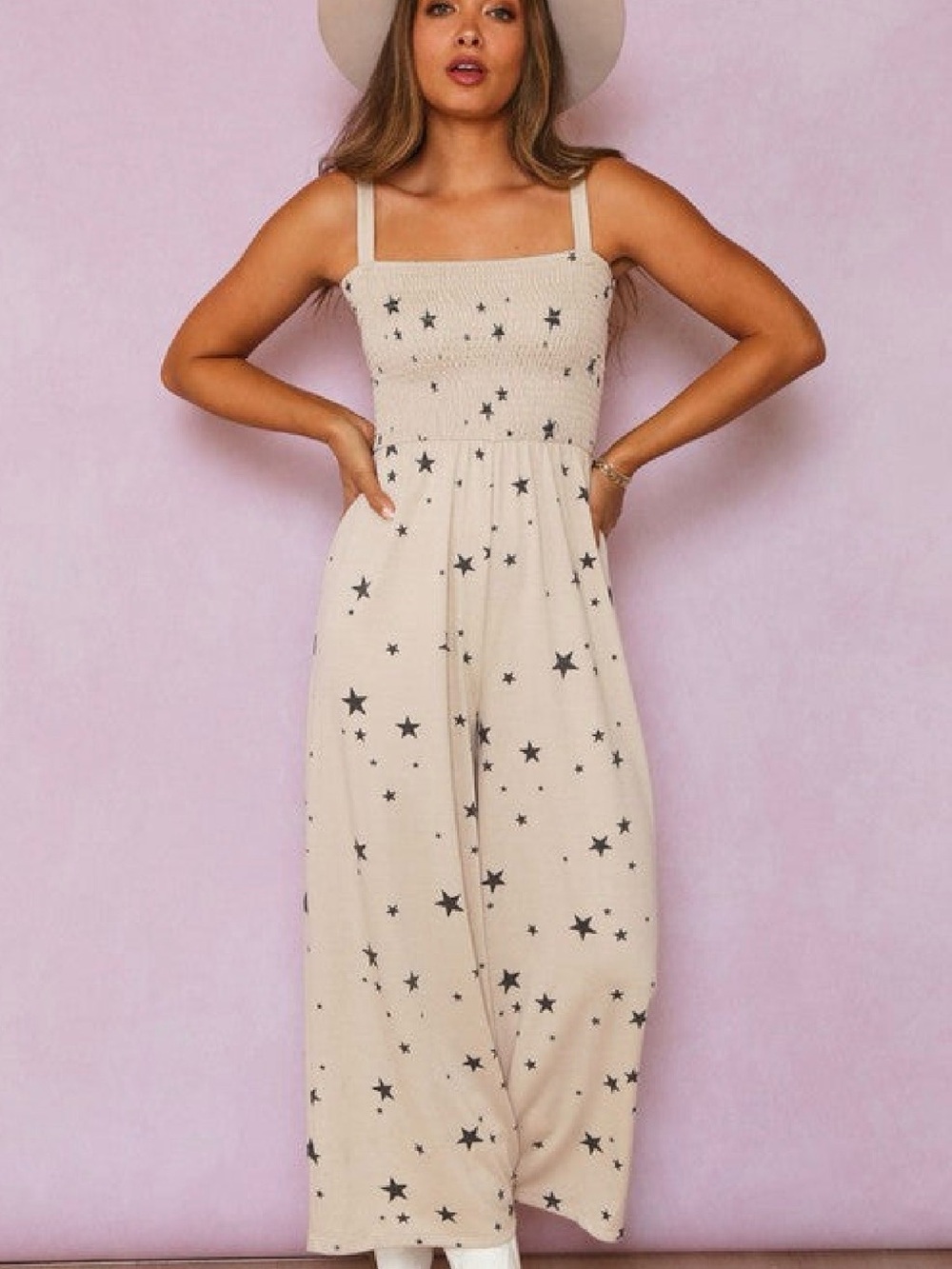 BUCKETLIST Navy Blue Star Cream Star-Print Cropped Jumpsuit